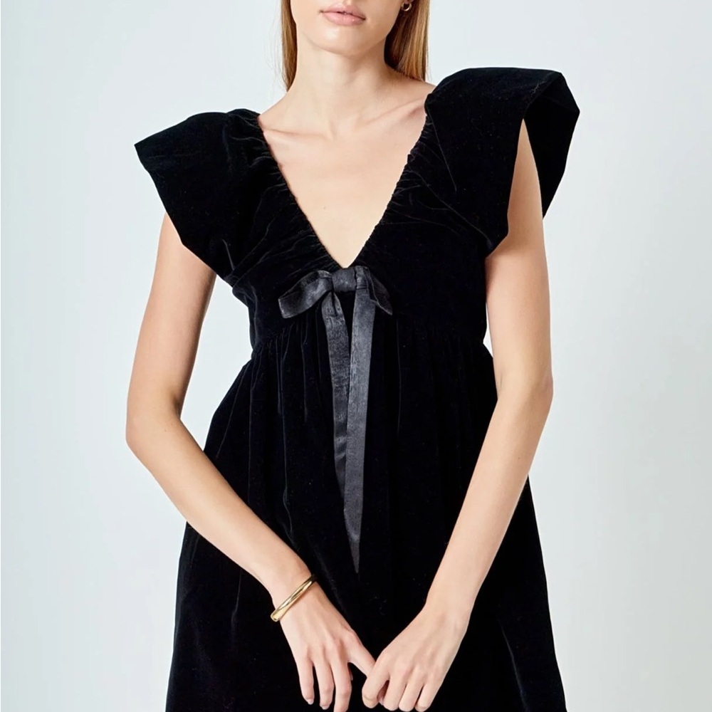 Endless Rose Black Velvet V-Neck Tie-Front Mini Dress